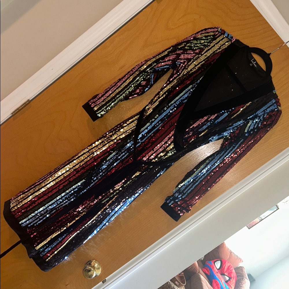 Lulu's Elegant velvet sequin wrap Dress